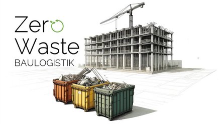Illustration „Zero Waste Baulogistik“: links großer Titel mit Recycling‑Symbol im Buchstaben O; rechts Rohbau mit Kran; vorne drei farbige Container (orange, gelb, grün) mit sortierten Bauabfällen.