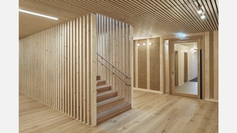 Innenraum in Holzbauweise: Treppenhaus mit senkrechter Lamellenverkleidung, Holzdecke und Flur mit Türen und Handläufen.