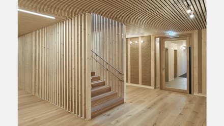 Innenraum in Holzbauweise: Treppenhaus mit senkrechter Lamellenverkleidung, Holzdecke und Flur mit Türen und Handläufen.