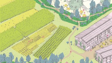 Illustration von Landschaft, Landwirtschaft und Gebäuden.