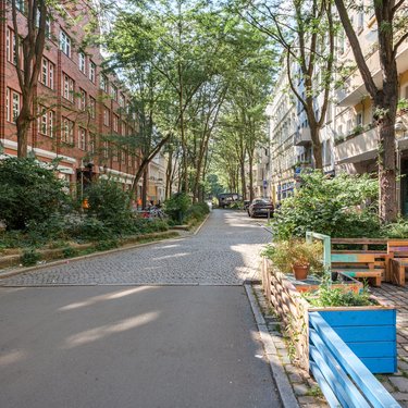 Ruhige, baumbestandene Wohnstraße mit Sitzbänken und Pflanzkästen am Straßenrand.