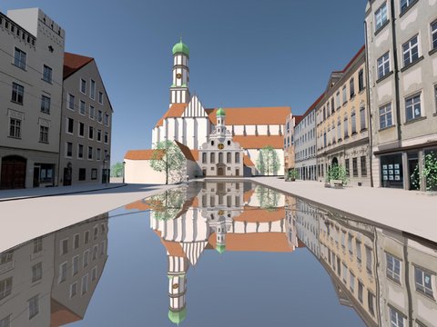 Architekturvisualisierung eines historischen Platzes mit rechteckigem,  flachem Wasserbecken, das alle umgebenden Gebäude perfekt spiegelt.  Im Hintergrund die weiße Kirche mit grüner Kuppel und orange  Ziegeldächern. Mehrstöckige Alt-Gebäude links und rechts in  verschiedenen Erdtönen. Grüne Kletterpflanzen an den Häusern.