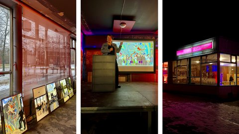 Bild 10.1 (Ausstellungsraum): "Ein großer Ausstellungsraum mit dunklen Wänden. Links sind mehrere leuchtende Displays mit farbenfroher Grafik an der Wand aufgestellt. Ein großes Fenster mit rotem Licht wirft Schatten. Betonboden."  Bild 10.2 (Vortrag im Ausstellungsraum): "Ein Vortragender steht auf einem erhöhten Podium vor einer Leinwand mit bunter Animation. Der Raum ist mit roten und blauen Lichtern beleuchtet. Betonboden und Holzkonstruktion sichtbar."  Bild 10.3 (Club am Anger - Fassade): "Die Fassade eines Clubs oder Veranstaltungsortes mit dem Namen 'Club am Anger' auf pinkem Leuchtsschild. Das Schaufenster ist dunkel, der Raum darunter beleuchtet."