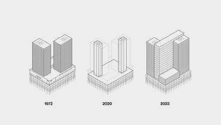 Drei architektonische Zeichnungen von der Entwicklung eines Gebäudekomplexes des Jahres 1972, 2020 und 2023.