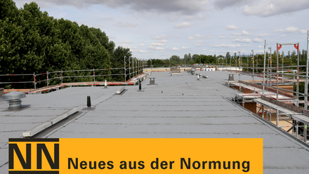 Flachdachbaustelle aus Blickrichtung Dachfläche: graue Abdichtungsbahnen, Geländer/ Gerüst am Rand, Bäume und bewölkter Himmel im Hintergrund; unten ein gelbes Banner mit schwarzer Schrift „NN — Neues aus der Normung“.