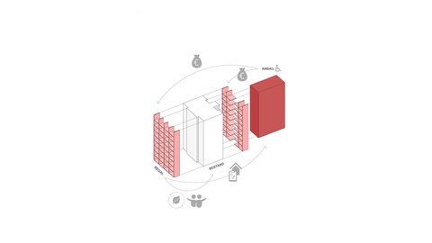 Farbcodierte Haustypen (Isometrie) Alt: Übersicht farbiger 3D‑Quader für 13 Haustypen; links eine zusammengesetzte Häuserreihe, rechts einzelne Typen als Legende. Langbeschreibung:  Rechts beschriftet: Haus 1–13, jeweils eigene Form/Farbe; links Kombination der Typen zu einer Zeile.
