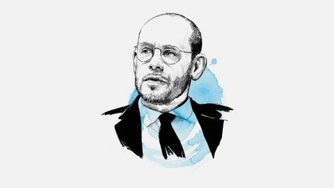 Porträt eines Mannes mittleren Alters mit Glatze, grauem Vollbart und runder Brille. Er trägt einen schwarzen Anzug mit weißem Hemd und blauer Krawatte. Die Illustration ist in Schwarz-Weiß mit blauen Aquarell-Akzenten an Kragen, Krawatte und im Hintergrund gestaltet. Der Stil ist eine Mischung aus Feder-Zeichnung und Watercolor-Malerei.