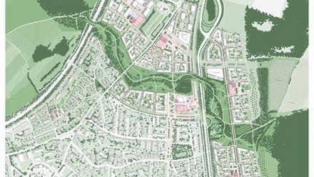 Städtebaulicher Lageplan mit Grünräumen und Quartiersstruktur.