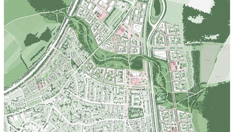 Städtebaulicher Lageplan mit Grünräumen und Quartiersstruktur.