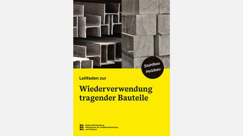 Das Bild zeigt ein Titelblatt, das aus zwei Fotohälften besteht: links gestapelte Stahlprofile, rechts massive Holzbalken. Darunter befindet sich ein großer gelber Bereich mit dem Titel „Leitfaden zur Wiederverwendung tragender Bauteile“. Ein schwarzer Kreis hebt die Begriffe „Stahlbau“ und „Holzbau“ hervor. Am unteren Rand ist das Logo eines Landesministeriums zu sehen. Zweck des Bildes ist es, einen praxisnahen Leitfaden zur Wiederverwendung tragender Bauteile vorzustellen und den Fokus auf konstruktive Materialien im Bauwesen zu legen.