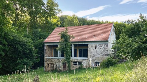 Altes, teils verfallenes Haus mit rotem Ziegeldach inmitten einer hohen Wiese und umgeben von Bäumen unter blauem Himmel
