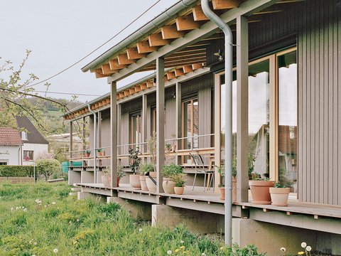 Holzhaus mit überdachter Veranda und mehreren Blumentöpfen davor auf einer Wiese mit Löwenzahn
