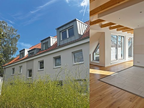 "Dreiteiliges Bild eines modernen Wohnhauses. Links: Außenansicht eines zweistöckigen Hauses mit weißer Fassade, rötlichen Dachziegeln und Dachgauben. Ein großer Laubbaum steht links davon. Oben rechts: helles Wohnzimmer mit großflächigen Fenstern, Holzbalken an der Decke und Holzboden. Unten rechts: moderner Wohnbereich mit Betonboden und Terrassentüren."