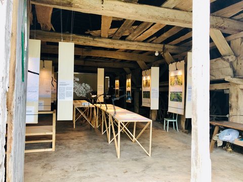 Ausstellung in einer historischen Scheune mit sichtbaren Holzbalken. Beleuchtete Tafeln hängen von der Decke; auf langen, schmalen Tischen liegen Pläne und weitere Materialien.