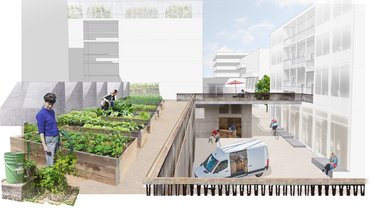 Architektonische Darstellung eines Quartiers mit urbanem Garten auf einer Terrasse und Lieferverkehr im Innenhof.