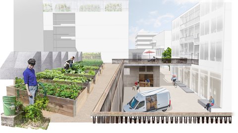 Architektonische Darstellung eines Quartiers mit urbanem Garten auf einer Terrasse und Lieferverkehr im Innenhof.
