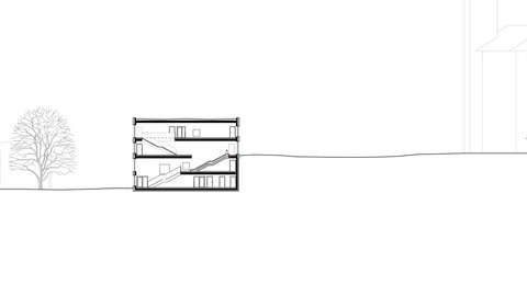Schwarz-weiße Schnittzeichnung eines dreigeschossigen Gebäudes mit Treppen und einem Baum links