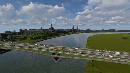 Eine weite Perspektive zeigt dieselbe Brücke im städtebaulichen Kontext mit Blick auf Flusslandschaft, Grünräume und die Silhouette einer historischen Stadt, Verkehrsströme und Freiräume sind klar gegliedert, wodurch das Bild die Brücke als verbindendes Element zwischen Stadt und Landschaft zeigt und für integrierte Verkehrs- und Freiraumplanung steht.