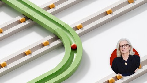 Abstrakte 3D-Grafik mit weißen parallelen Bahnen und gelben Kugeln; eine grüne Spur biegt ab und führt eine rote Kugel. Unten rechts ist ein Porträt einer grauhaarigen Frau mit Brille in einem roten Kreis eingeblendet
