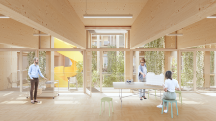 Visualisierung einer Umnutzung: Heller Innenraum mit Holzstruktur, Arbeits- und Besprechungssituation, Blick in begrünten Innenhof.