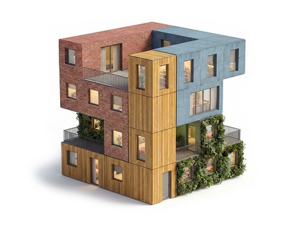3D‑Rendering: Stapel aus vier Modulen – Holzsockel, Ziegelblock, blaues Betonobergeschoss, grüne Fassadenmodule – mit großen Fenstern und Balkonen.