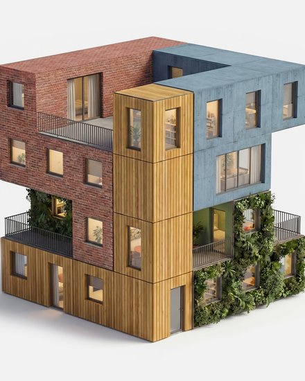 3D‑Rendering: Stapel aus vier Modulen – Holzsockel, Ziegelblock, blaues Betonobergeschoss, grüne Fassadenmodule – mit großen Fenstern und Balkonen.