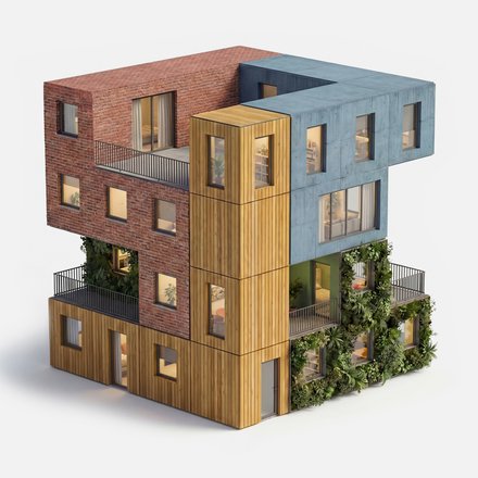 3D‑Rendering: Stapel aus vier Modulen – Holzsockel, Ziegelblock, blaues Betonobergeschoss, grüne Fassadenmodule – mit großen Fenstern und Balkonen.