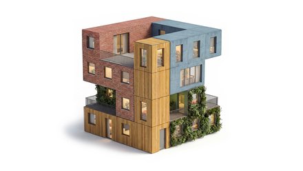 3D‑Rendering: Stapel aus vier Modulen – Holzsockel, Ziegelblock, blaues Betonobergeschoss, grüne Fassadenmodule – mit großen Fenstern und Balkonen.