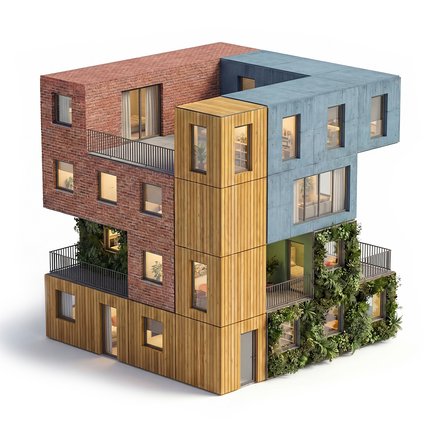 3D‑Rendering: Stapel aus vier Modulen – Holzsockel, Ziegelblock, blaues Betonobergeschoss, grüne Fassadenmodule – mit großen Fenstern und Balkonen.