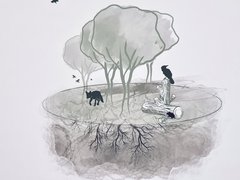 Illustration eines Tiny Forest mit Bäumen, Totholz, Vögeln und sichtbarem Wurzelwerk.