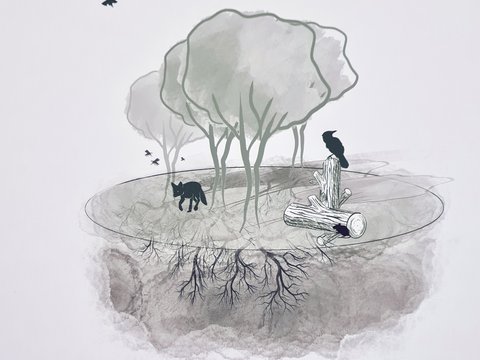 Illustration eines Tiny Forest mit Bäumen, Totholz, Vögeln und sichtbarem Wurzelwerk.