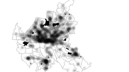  Graustufen‑Heatmap über Stadtbezirkskarte; höchste Dichte im Zentrum bis in den Süden, weitere Hotspots punktuell in mehreren Vierteln.