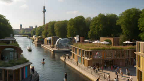 Blick über einen Kanal mit Booten und Uferwegen zwischen modernen Pavillons. Auf einem Gebäude steht Mexiko, dahinter ragt der Berliner Fernsehturm über dichten Bäumen auf.