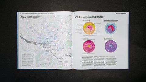 Aufgeschlagene Buchseite mit Karte und Kreisdiagrammen zur Bevölkerungsstruktur.
