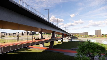 Der Blick unter die Brücke zeigt einen großzügigen, überdeckten Raum mit Wegen entlang des Wassers, Menschen verweilen oder bewegen sich zwischen Stützen und Geländern, wodurch das Bild die Unterseite der Brücke als nutzbaren öffentlichen Raum sichtbar macht und für Mehrfachnutzung, Schutz und räumliche Tiefe im Infrastrukturbau steht.