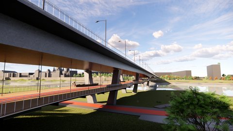 Der Blick unter die Brücke zeigt einen großzügigen, überdeckten Raum mit Wegen entlang des Wassers, Menschen verweilen oder bewegen sich zwischen Stützen und Geländern, wodurch das Bild die Unterseite der Brücke als nutzbaren öffentlichen Raum sichtbar macht und für Mehrfachnutzung, Schutz und räumliche Tiefe im Infrastrukturbau steht.