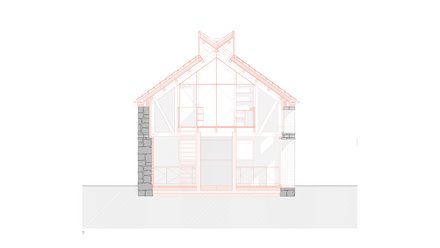 Architektonischer Querschnitt eines giebelständigen Hauses: Tragwerk und Räume in Rot, Mauerwerk in Grau; Galerie unter Satteldach sichtbar.