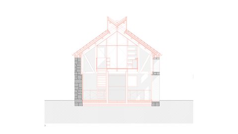 Architektonischer Querschnitt eines giebelständigen Hauses: Tragwerk und Räume in Rot, Mauerwerk in Grau; Galerie unter Satteldach sichtbar.