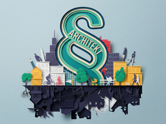 Illustration eines Paragrafenzeichens mit dem Wort „Architekt“ über einer Stadtlandschaft mit Gebäuden, Bäumen, Menschen und unterirdischen Leitungen als Symbol für Architektur und Planung.