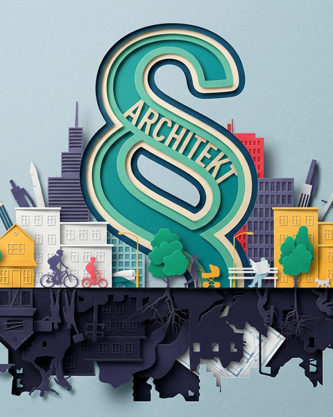 Illustration eines Paragrafenzeichens mit dem Wort „Architekt“ über einer Stadtlandschaft mit Gebäuden, Bäumen, Menschen und unterirdischen Leitungen als Symbol für Architektur und Planung.