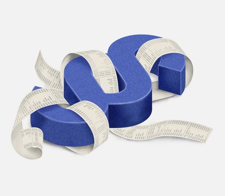 Blaues, dreidimensionales Paragrafenzeichen (§), umwickelt von langen weißen Bon‑/Papierstreifen mit Zahlenkolonnen, auf weißem Hintergrund.