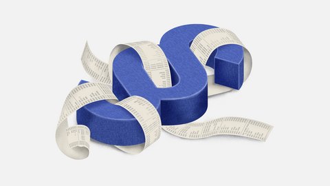 Blaues, dreidimensionales Paragrafenzeichen (§), umwickelt von langen weißen Bon‑/Papierstreifen mit Zahlenkolonnen, auf weißem Hintergrund.