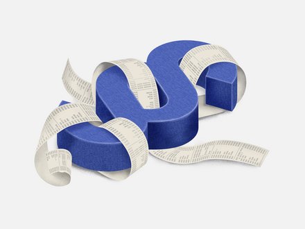 Blaues, dreidimensionales Paragrafenzeichen (§), umwickelt von langen weißen Bon‑/Papierstreifen mit Zahlenkolonnen, auf weißem Hintergrund.