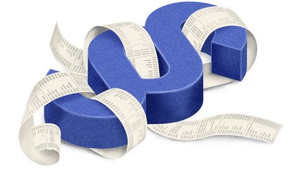 Blaues, dreidimensionales Paragrafenzeichen (§), umwickelt von langen weißen Bon‑/Papierstreifen mit Zahlenkolonnen, auf weißem Hintergrund.