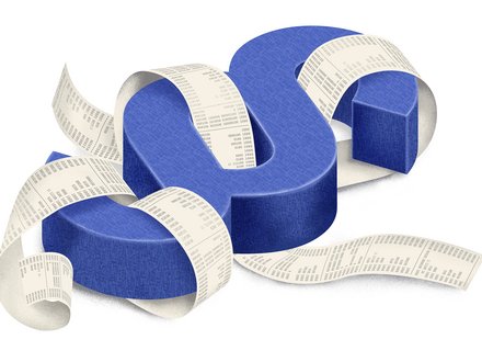 Blaues, dreidimensionales Paragrafenzeichen (§), umwickelt von langen weißen Bon‑/Papierstreifen mit Zahlenkolonnen, auf weißem Hintergrund.