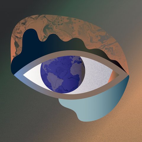 "Stilisiertes Auge mit Weltkugel als Iris. Die Iris zeigt die Kontinente in Dunkelblau, umgeben von weißem Augenweiß. Der Augapfel ist von braunen Augenlidern eingerahmt, die anatomische Details aufweisen. Farbiger Hintergrund mit Grün-, Orange- und Blautönen."