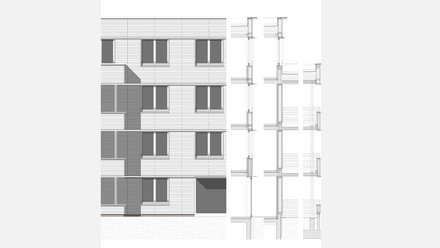 Architekturzeichnung der Fassadenansicht eines Wohngebäudes mit Fenstern und Balkonen.