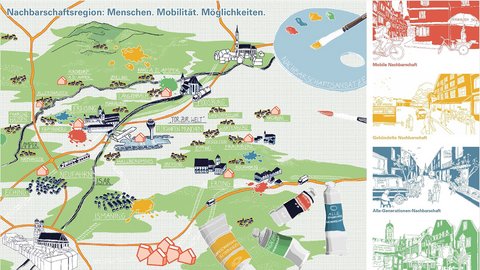 Eine illustrierte Regionskarte mit Orten, Verkehrswegen und Symbolen für Mobilität, Nachbarschaft und Zusammenarbeit stellt Zusammenhänge zwischen Stadt, Umland und Infrastruktur dar und verdeutlicht, wie regionale Planung Menschen, Bewegung und Möglichkeiten verbindet.