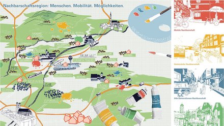 Eine illustrierte Regionskarte mit Orten, Verkehrswegen und Symbolen für Mobilität, Nachbarschaft und Zusammenarbeit stellt Zusammenhänge zwischen Stadt, Umland und Infrastruktur dar und verdeutlicht, wie regionale Planung Menschen, Bewegung und Möglichkeiten verbindet.