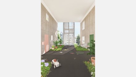 aubengang/Innenhof Alt: Offener, holzverkleideter Laubengang mit Pflanzen und Kreidezeichnungen; hinten Metalltreppe; vorn kleines Spielauto.